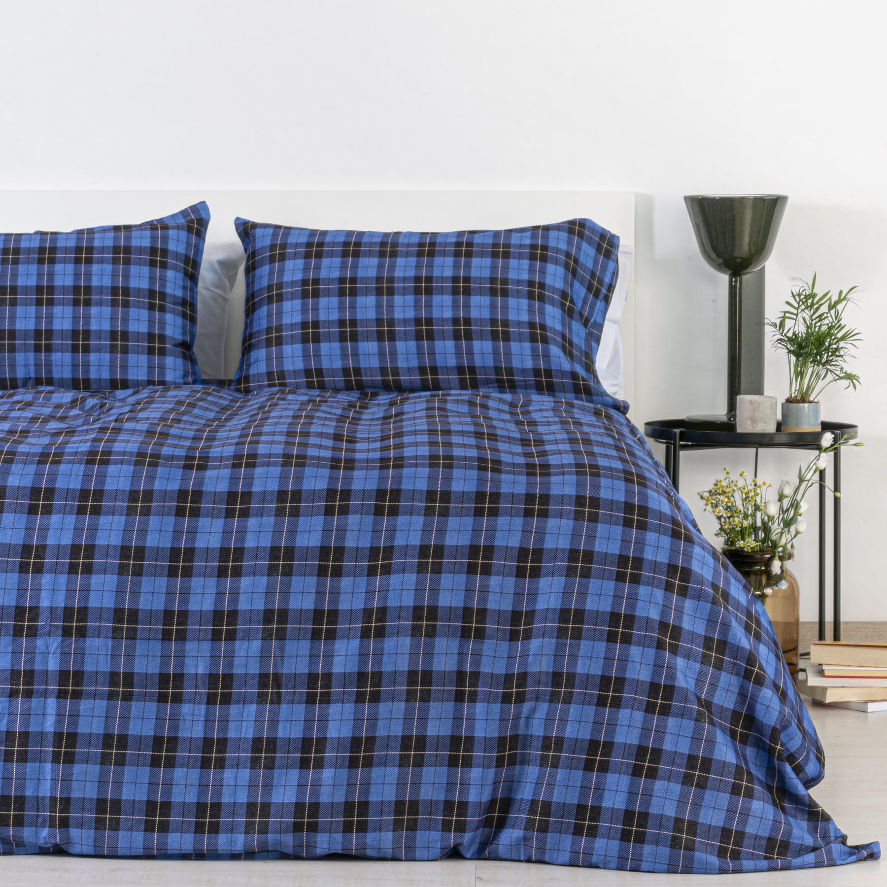 Zenoni & ColombiCopripiumino Oxford Blu in 100% Raso di Cotone Stampato Fantasia Tartan con Federe