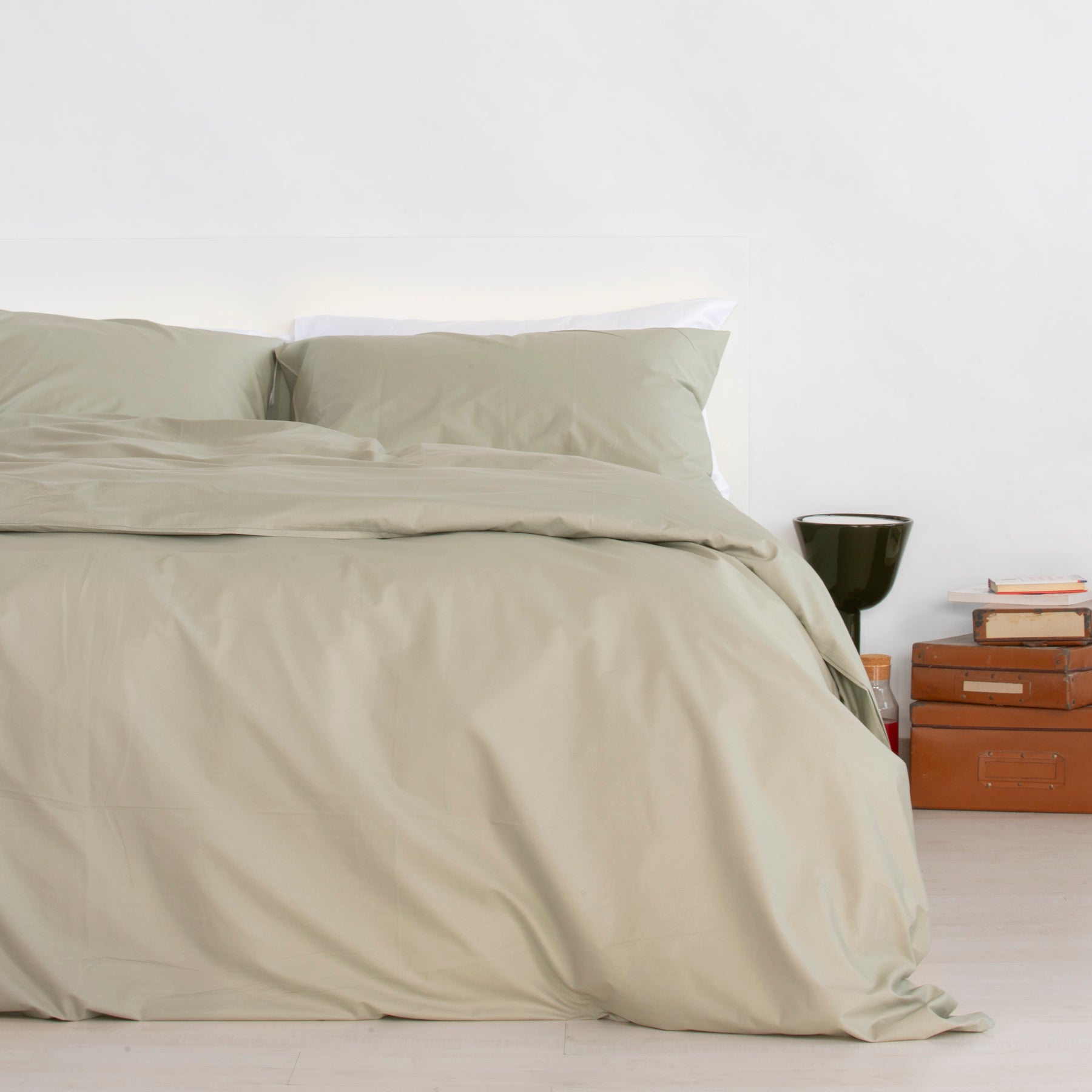 Housse de couette et taies d'oreiller en percale 100 % coton vert sauge