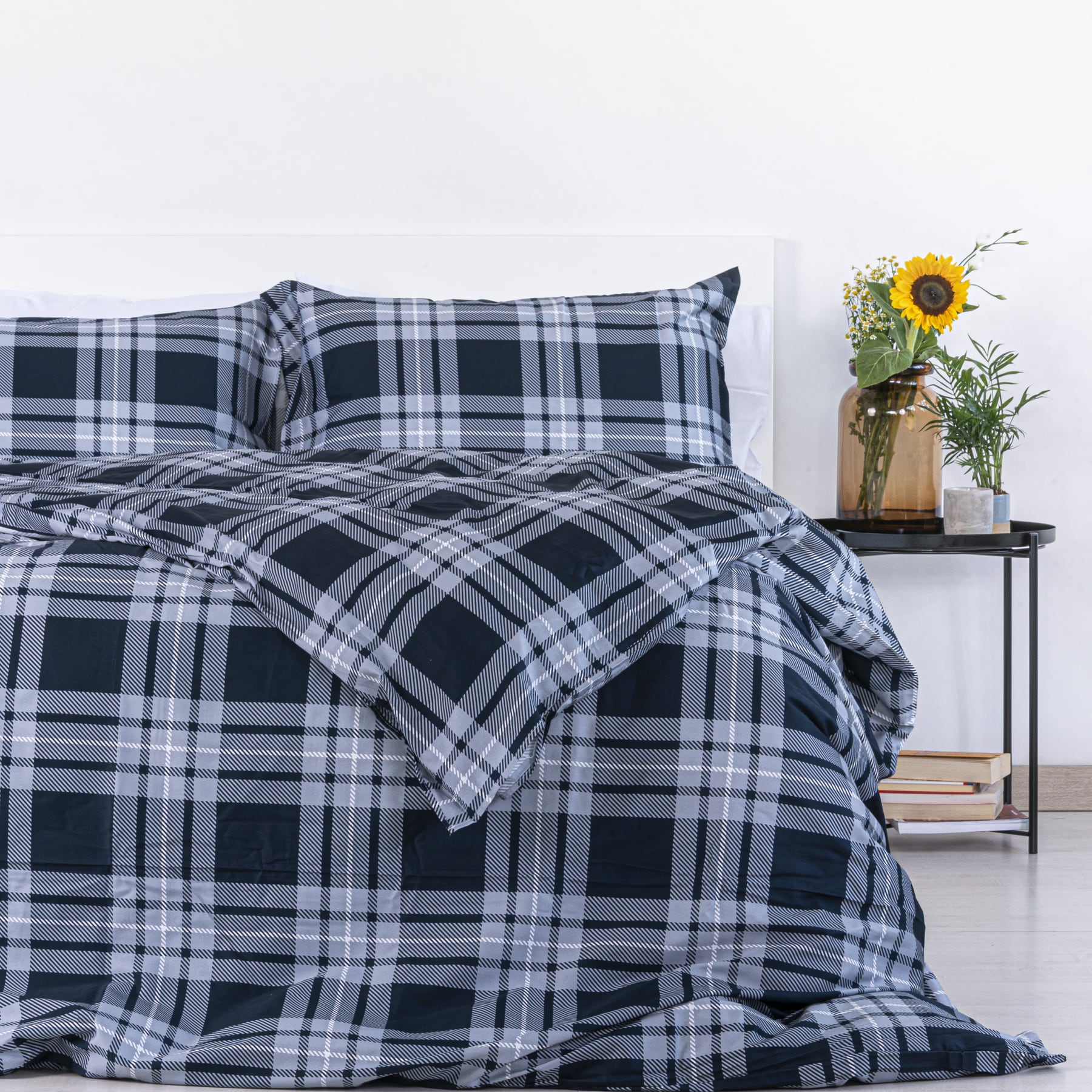 Copripiumino Newport Blu in 100% Raso di Cotone Stampato Fantasia Tartan con Federe