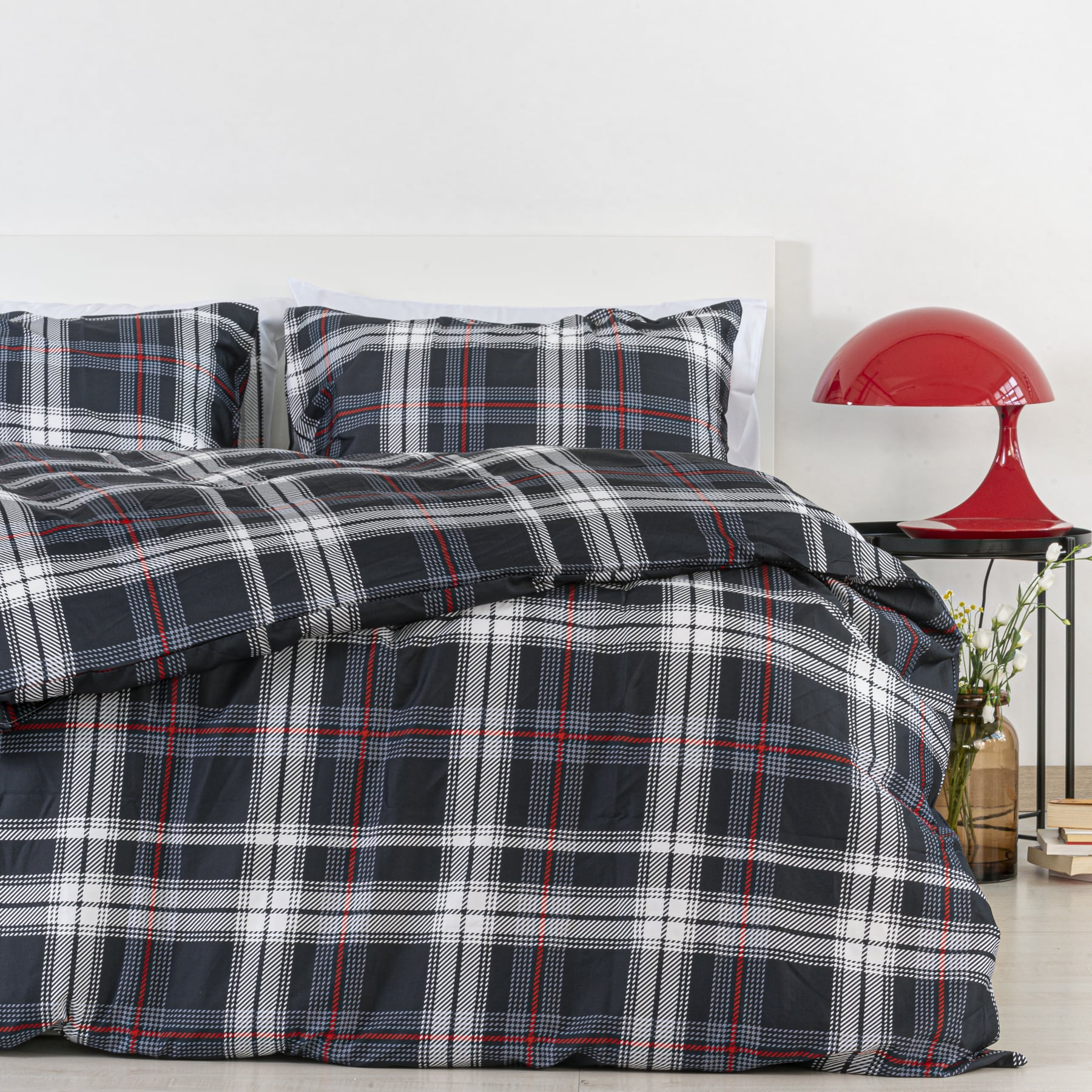 Copripiumino Cardiff in 100% Raso di Cotone Stampato Fantasia Tartan con Federe