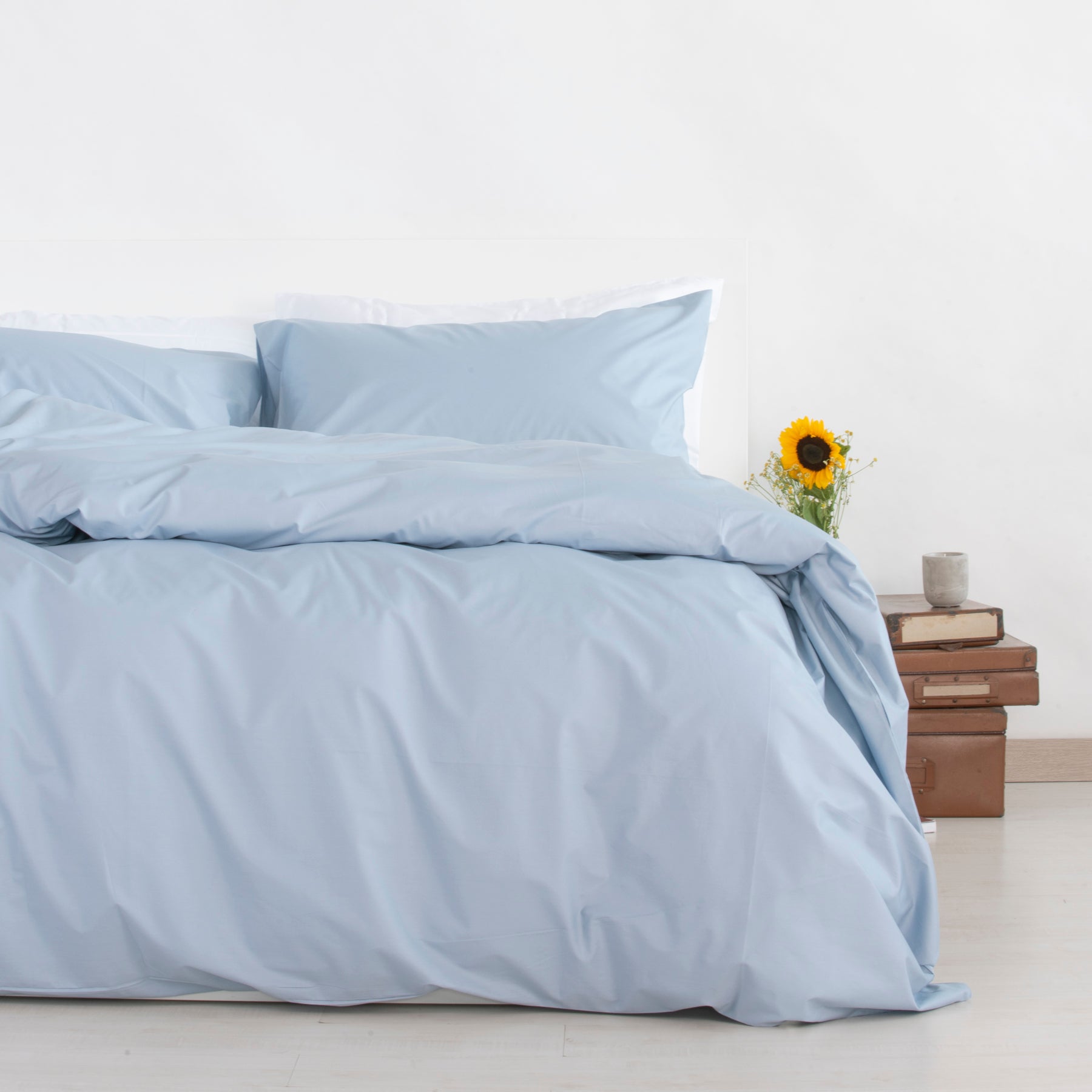 Housse de couette et taies d'oreiller en percale 100% coton Bleu Horizontal