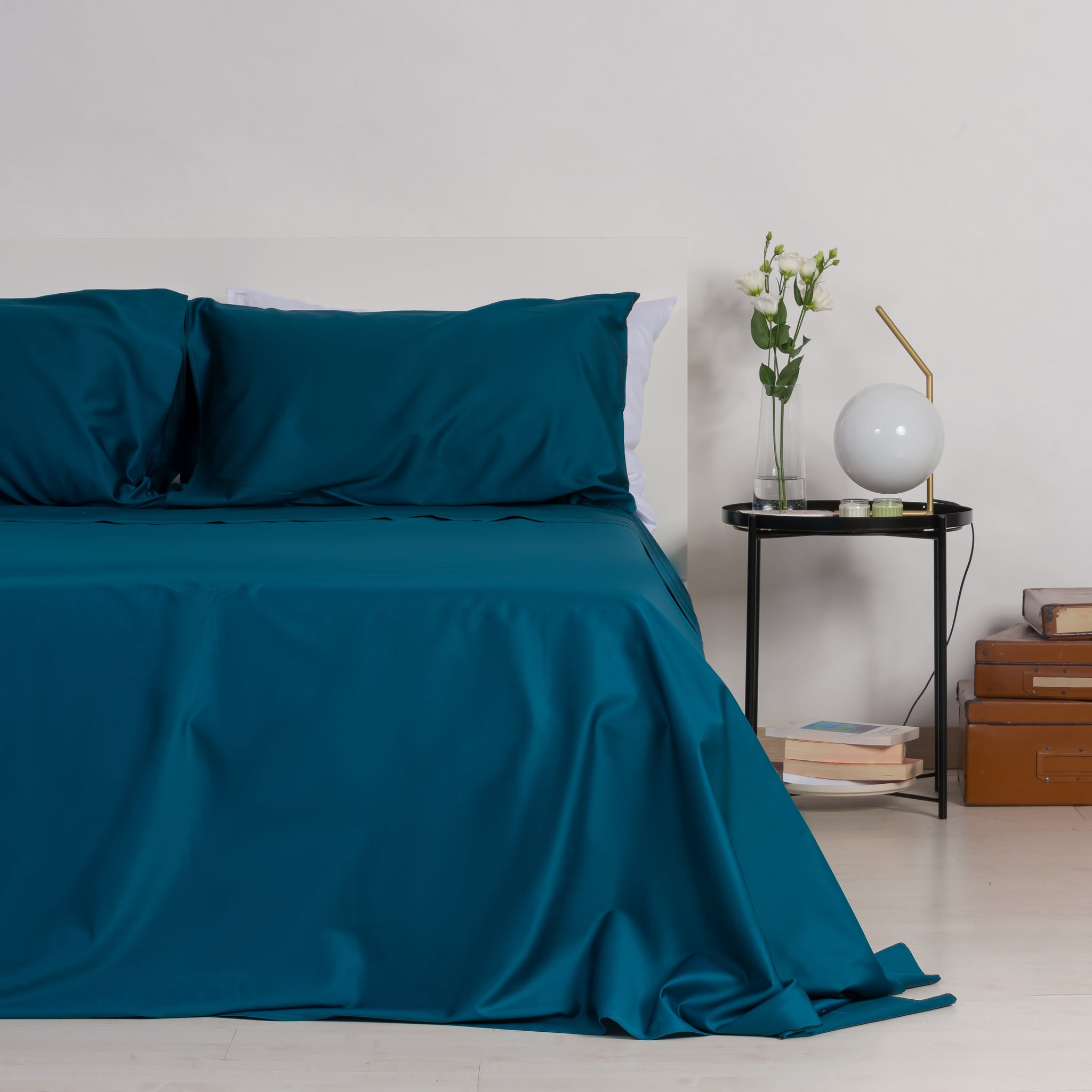 Ensemble de draps en satin 100% coton bleu sarcelle