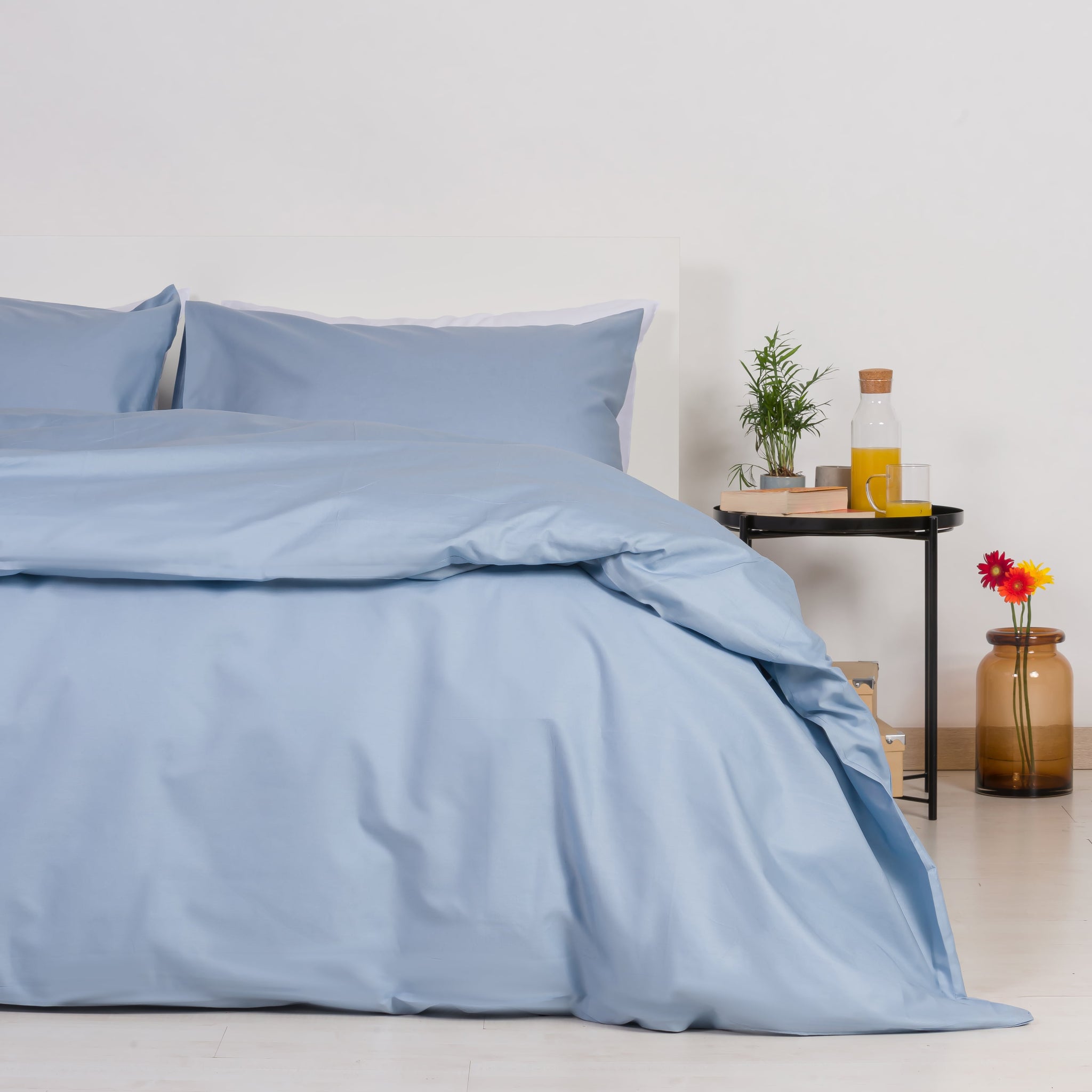 Housse de couette et taies d'oreiller 100% coton bleu horizontal