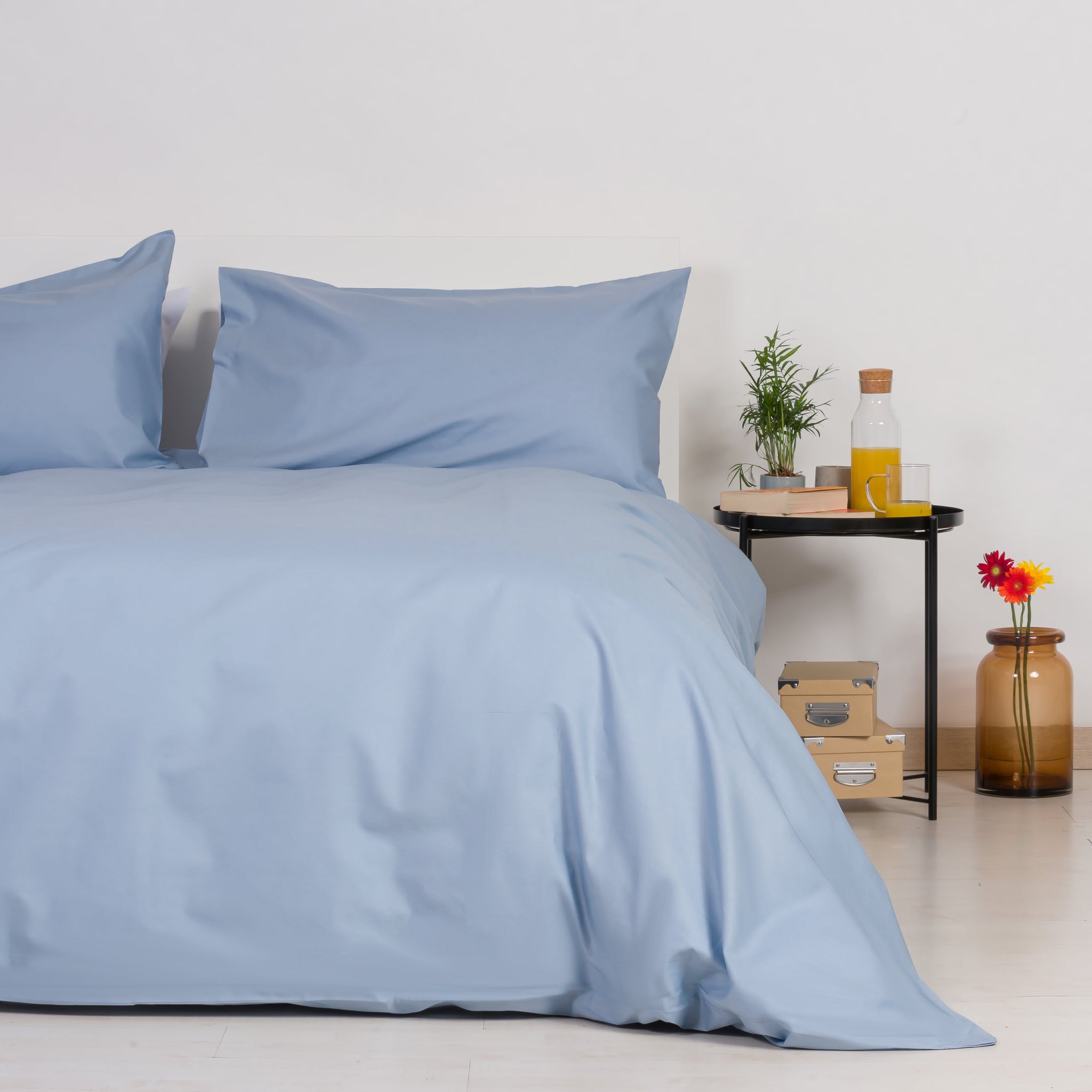 Housse de couette et taies d'oreiller 100% coton bleu horizontal