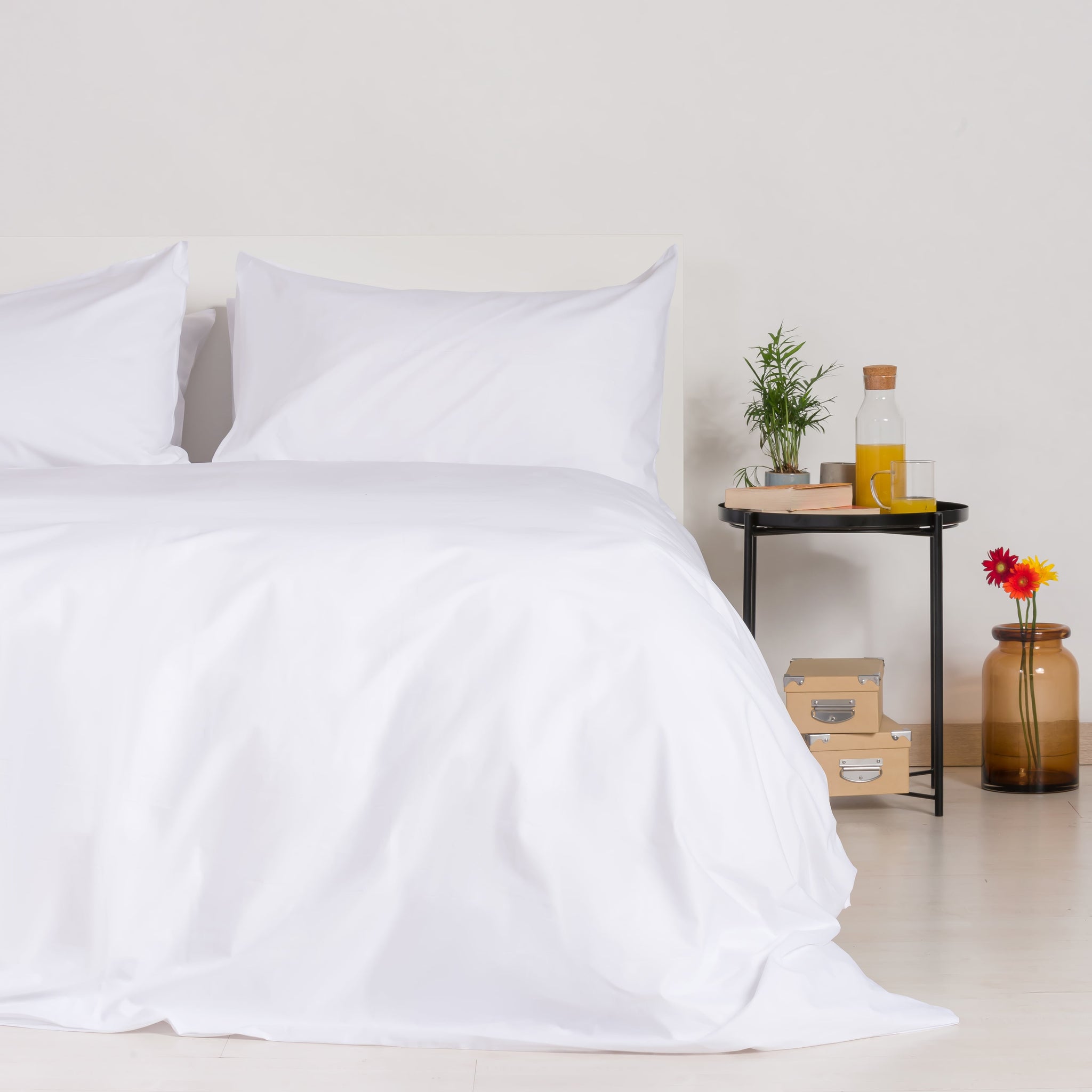 Housse de couette et taies d'oreiller en 100% Coton Blanc