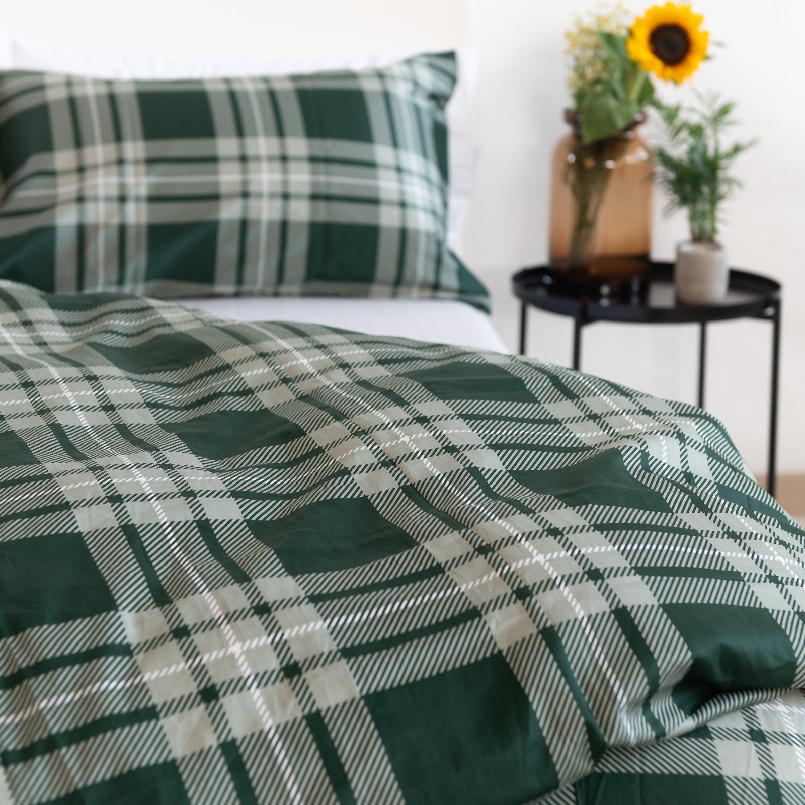 Copripiumino Newport Verde in 100% Raso di Cotone Stampato Fantasia Tartan con Federe