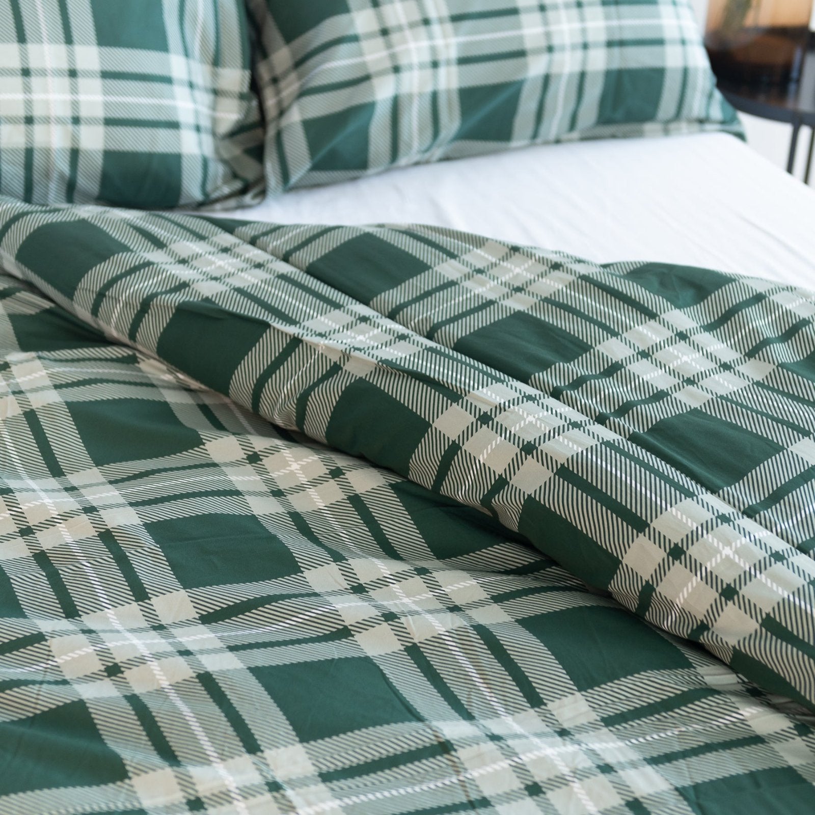 Copripiumino Newport Verde in 100% Raso di Cotone Stampato Fantasia Tartan con Federe