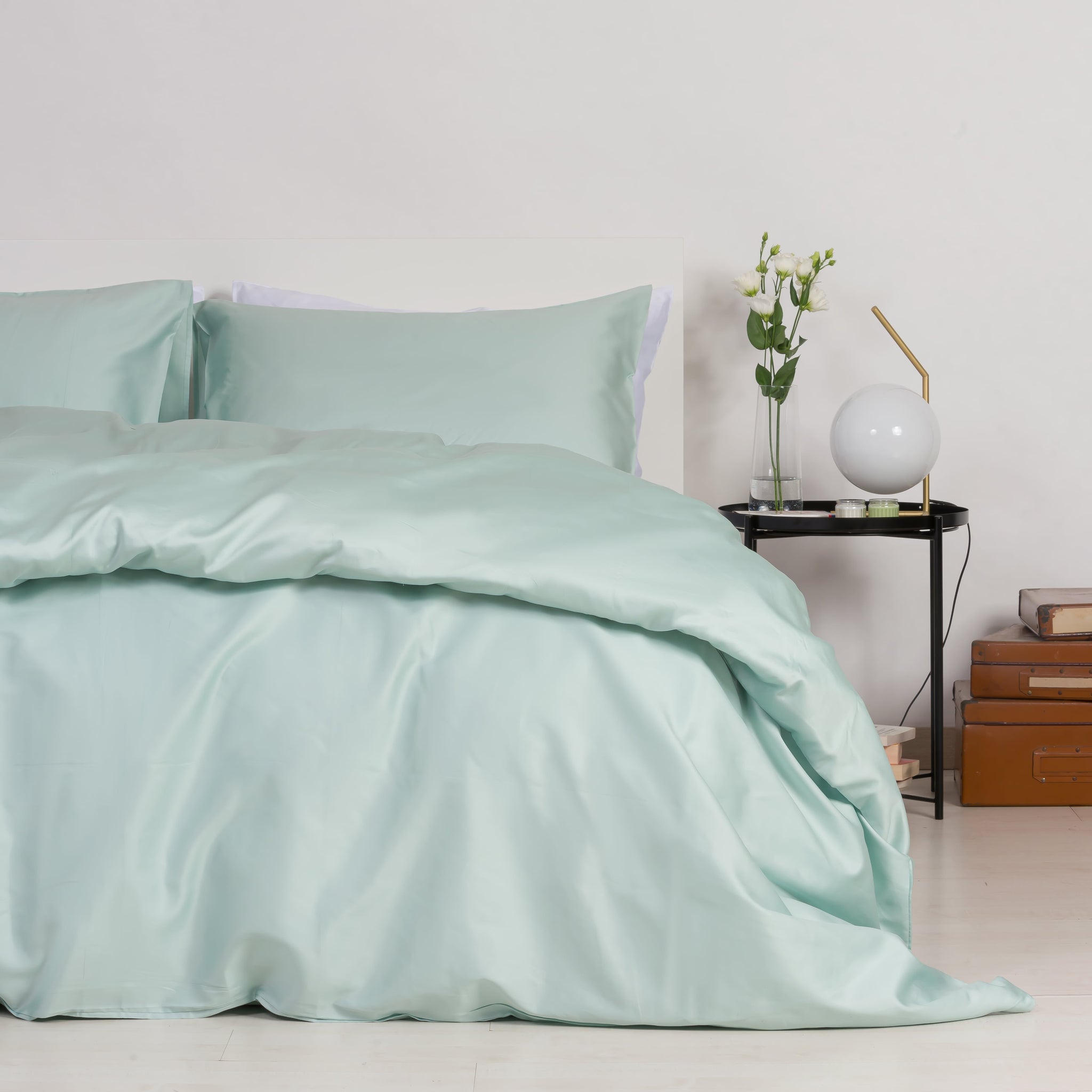 Housse de couette et taies d'oreiller en satin 100 % coton aigue-marine