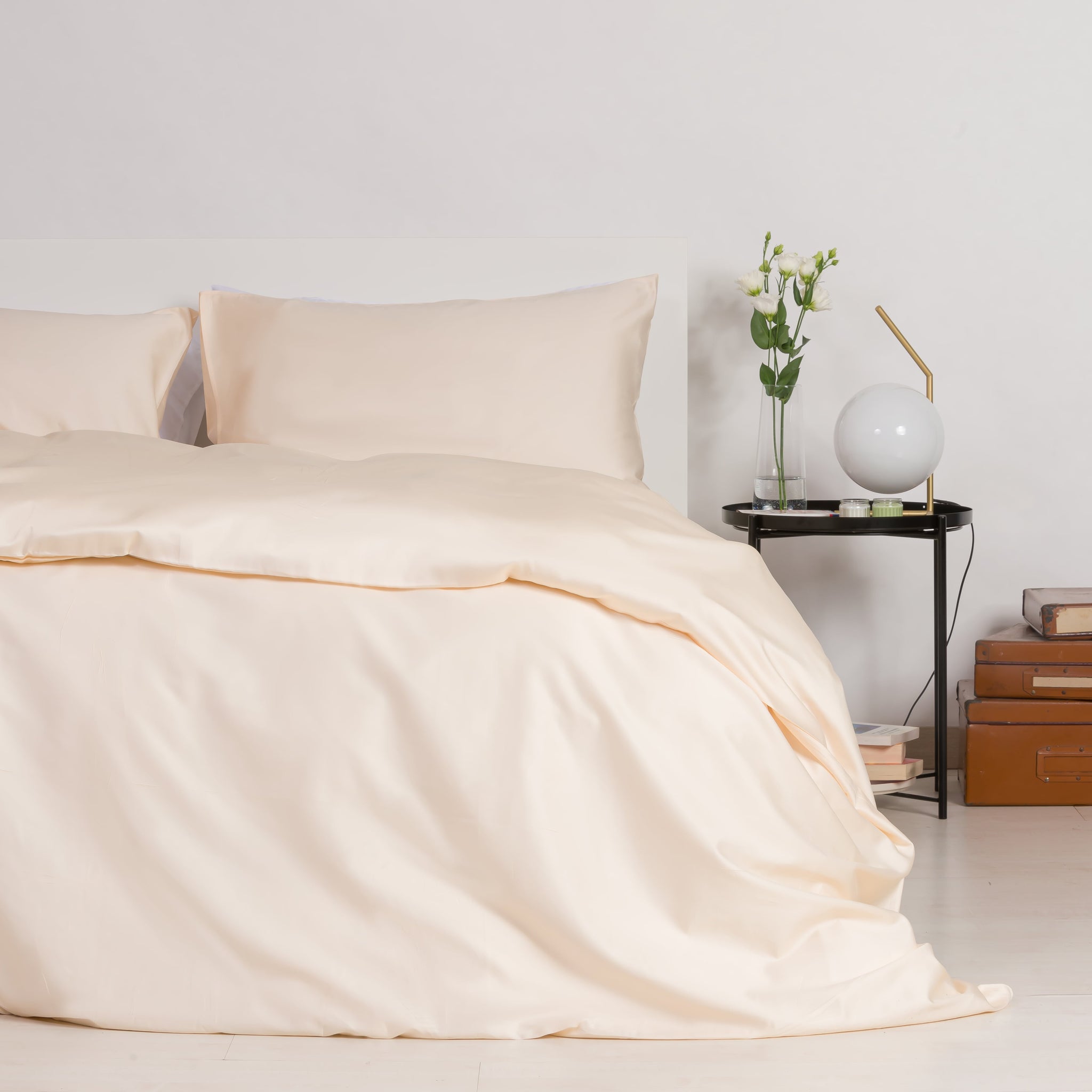 Housse de couette et taies d'oreiller en satin 100 % coton beige crème