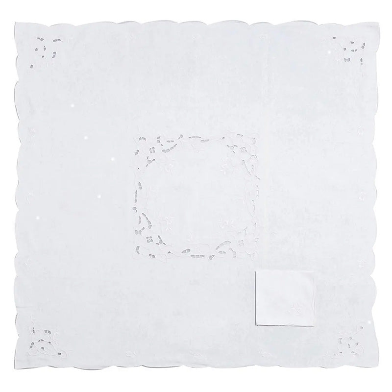 Nappe à thé + 4 serviettes brodées 100% Coton variante Rossella